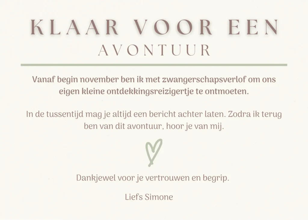 Aankondiging van zwangerschapsverlof van Simone met de tekst 'Klaar voor een avontuur' en een groen getekend hartje.